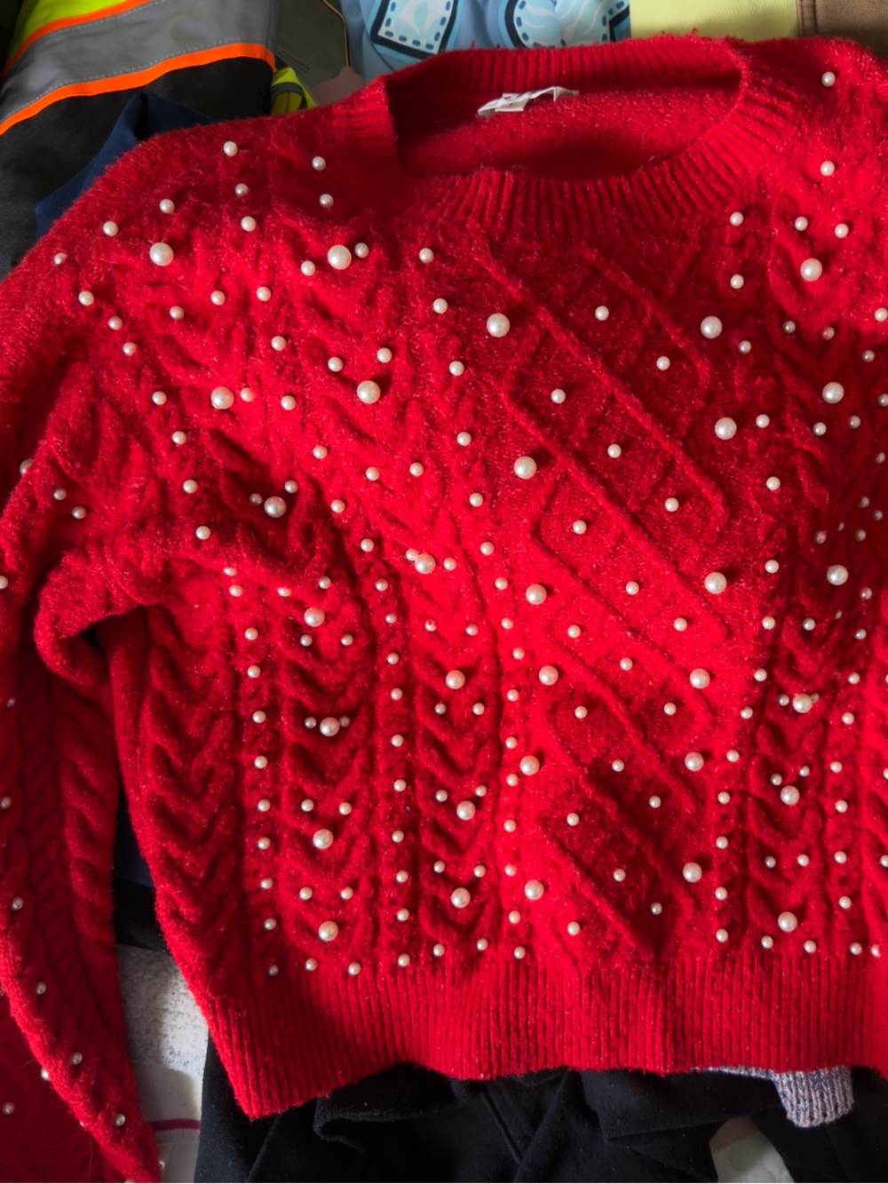 So Me Red Pearl-Embellished Cable Crewneck Sweater